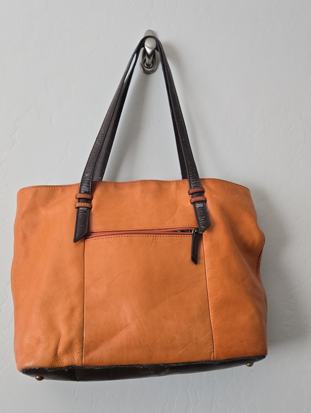 Tignanello Orange Leather Tote with Dark Brown Handles